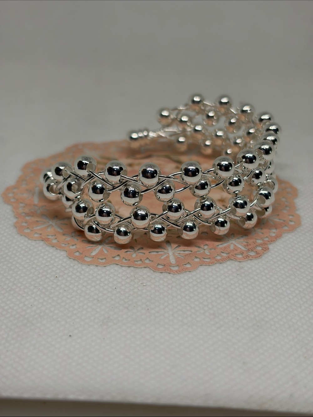 925 Sterling Silver Beaded Layer Open Cuff Bracelet Mod Geometric